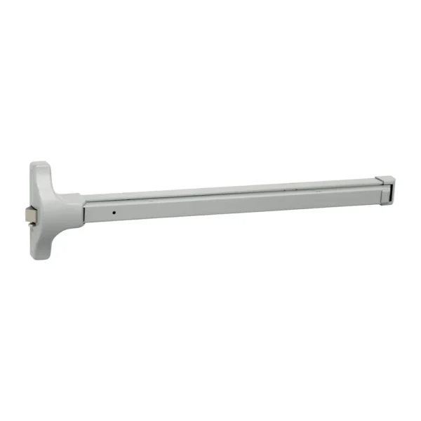 Accentra 2100 Series Rim Exit Device Accentra 2100 rim exit device in 689 aluminum painted: latch case with its latchbolt, push bar and end cap, shown without outside trim or strike