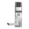 Alarm Lock Trilogy DL2700 Keypad Lock Alarm Lock Trilogy DL2700 mortise lock outside trim in US26D satin chrome: keypad above a mortise key cylinder, with a lever pointing left