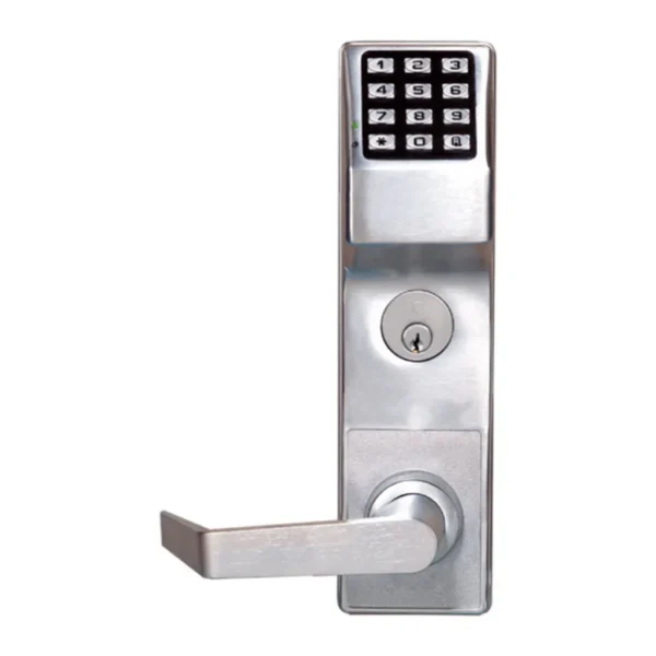 Alarm Lock Trilogy DL2700 Keypad Lock Alarm Lock Trilogy DL2700 mortise lock outside trim in US26D satin chrome: keypad above a mortise key cylinder, with a lever pointing left