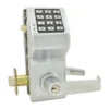 Alarm Lock Trilogy DL2700 Keypad Lock Alarm Lock Trilogy DL2700 series lock in US26D satin chrome: 12-button keypad above a lever with a key override cylinder, shown with the inside lever, the edge of the inside housing and the latch