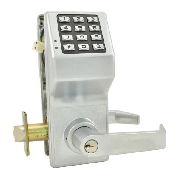 Alarm Lock Trilogy DL2700 Keypad Lock Alarm Lock Trilogy DL2700 series lock in US26D satin chrome: 12-button keypad above a lever with a key override cylinder, shown with the inside lever, the edge of the inside housing and the latch
