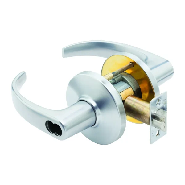 BEST 9K Series Cylindrical Lock BEST 9K cylindrical lock in 626 satin chrome with #14 curved return levers on D roses, the outside lever's figure-8 core opening empty, with the latch