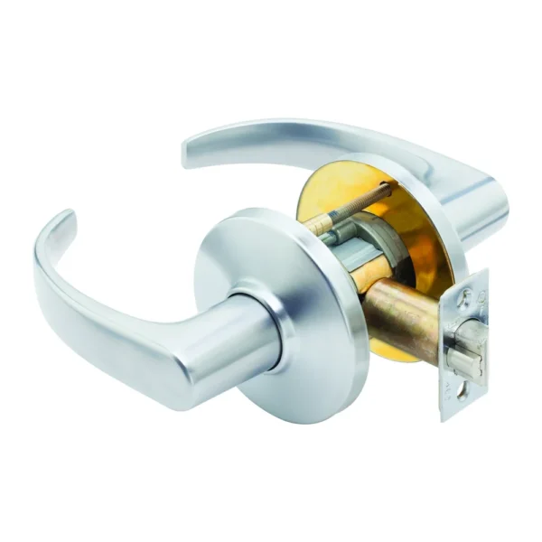 BEST 9K Series Cylindrical Lock BEST 9K keyless lock in 626 satin chrome with plain #14 curved return levers on D roses, no core or button, with the latch