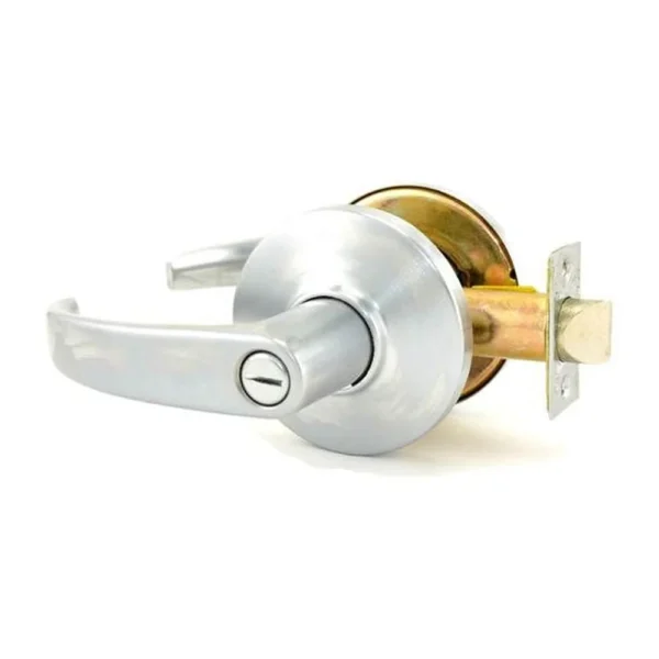 BEST 9K Series Cylindrical Lock BEST 9K privacy lock in 626 satin chrome with #14 curved return levers on D roses: the outside lever has a slotted release instead of a core, shown with the latch