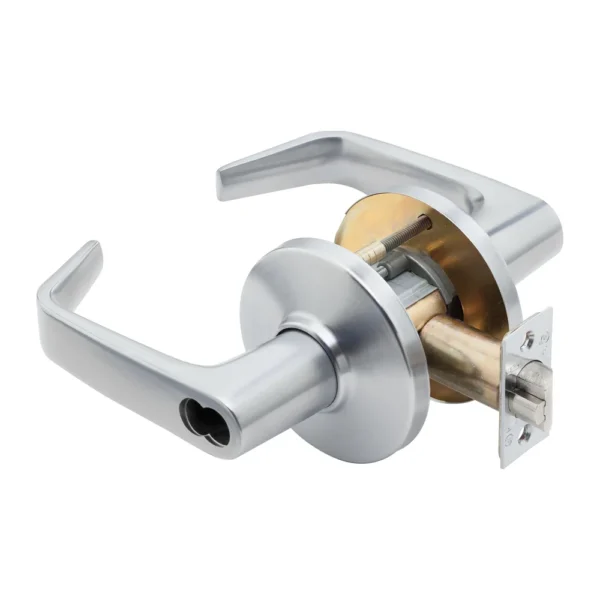 BEST 9K Series Cylindrical Lock BEST 9K cylindrical lock in 626 satin chrome with #15 contour angle return levers on D roses, the outside lever's figure-8 core opening empty, with the latch