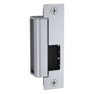 HES 1500 Series Electric Strike HES 1500 electric strike in satin stainless steel: strike body with one faceplate and its two mounting screws fitted