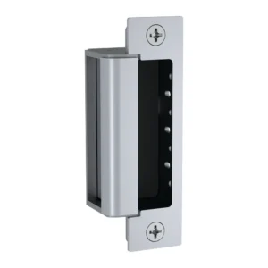 HES 1600 Series Electric Strike HES 1600 electric strike in satin stainless steel, strike body with one faceplate fitted and its two mounting screws