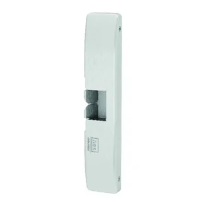HES 9600 Series Electric Strike HES 9600 surface mounted electric strike in 630 satin stainless steel, cover on, with its two keepers showing in the latch opening