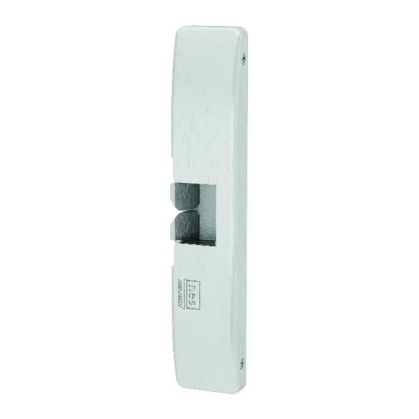 HES 9600 Series Electric Strike HES 9600 surface mounted electric strike in 630 satin stainless steel, cover on, with its two keepers showing in the latch opening